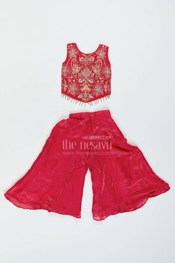 The Nesavu Girls Sharara / Plazo Set Girls Organza Sharara Set for Weddings Parties and Festive Functions Nesavu 24 (5Y) / Red / Organza GPS1127A-24 Nesavu Girls Organza Sharara Set For Weddings Parties Festive Functions And Elegant Family Celebrations