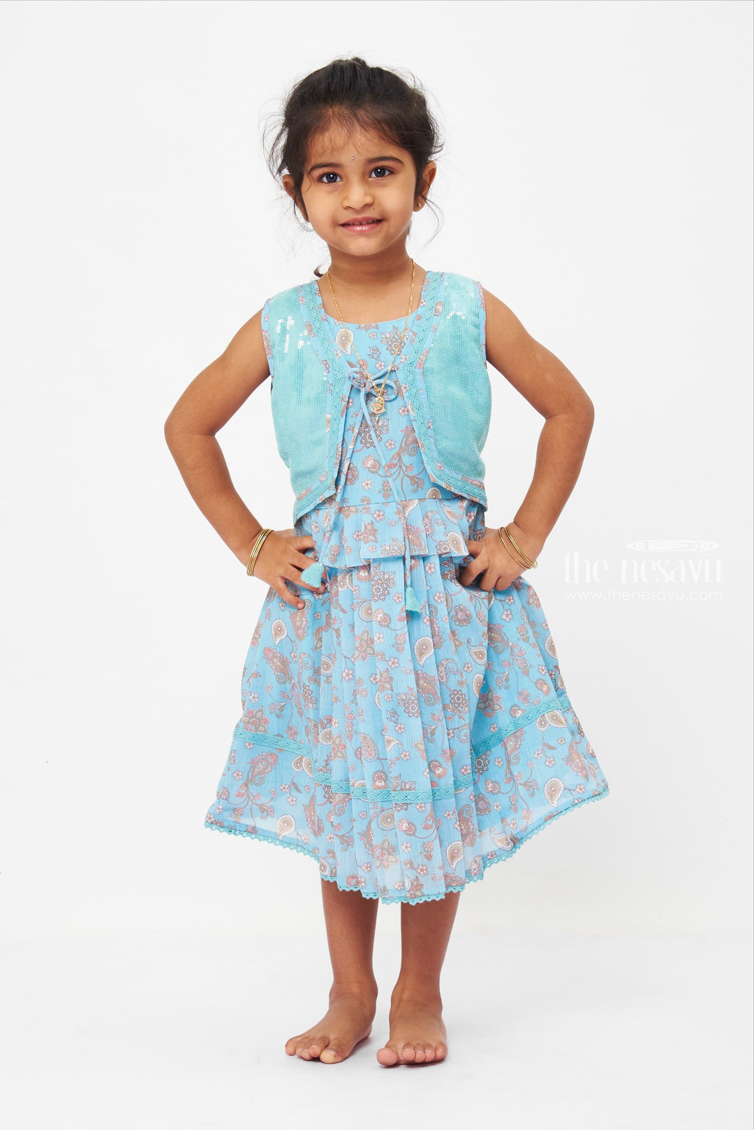 The Nesavu Girls Fancy Frock Girls Paisley Designer Frock with Sequin Accents Nesavu 22 (4Y) / Blue / Poly Crepe GFC1179A-22 Girls Paisley Designer Frock | Designer Frock for Girls | The Nesavu