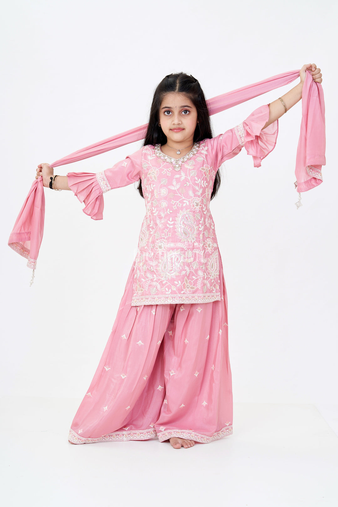 The Nesavu Girls Sharara / Plazo Set Girls Pakistani Reception Dress in Rose Pink with Embroidered Kurta and Flared Sharara Nesavu 24 (5Y) / Pink GPS519A-24 Girls Embroidered Pakistani Reception Dress Flared Sharara Bell Sleeves | The Nesavu