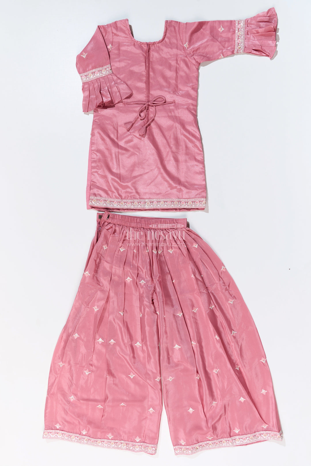 The Nesavu Girls Sharara / Plazo Set Girls Pakistani Reception Dress in Rose Pink with Embroidered Kurta and Flared Sharara Nesavu Girls Embroidered Pakistani Reception Dress Flared Sharara Bell Sleeves | The Nesavu