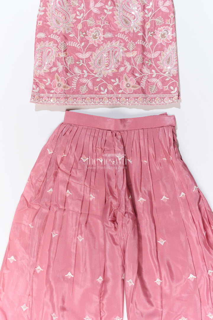 The Nesavu Girls Sharara / Plazo Set Girls Pakistani Reception Dress in Rose Pink with Embroidered Kurta and Flared Sharara Nesavu Girls Embroidered Pakistani Reception Dress Flared Sharara Bell Sleeves | The Nesavu