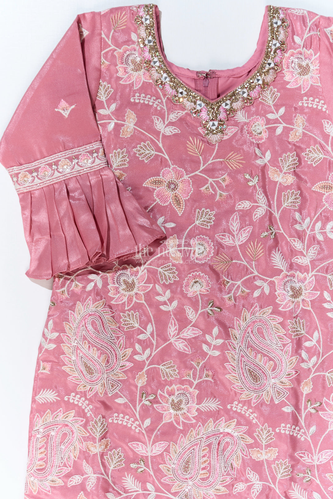 The Nesavu Girls Sharara / Plazo Set Girls Pakistani Reception Dress in Rose Pink with Embroidered Kurta and Flared Sharara Nesavu Girls Embroidered Pakistani Reception Dress Flared Sharara Bell Sleeves | The Nesavu