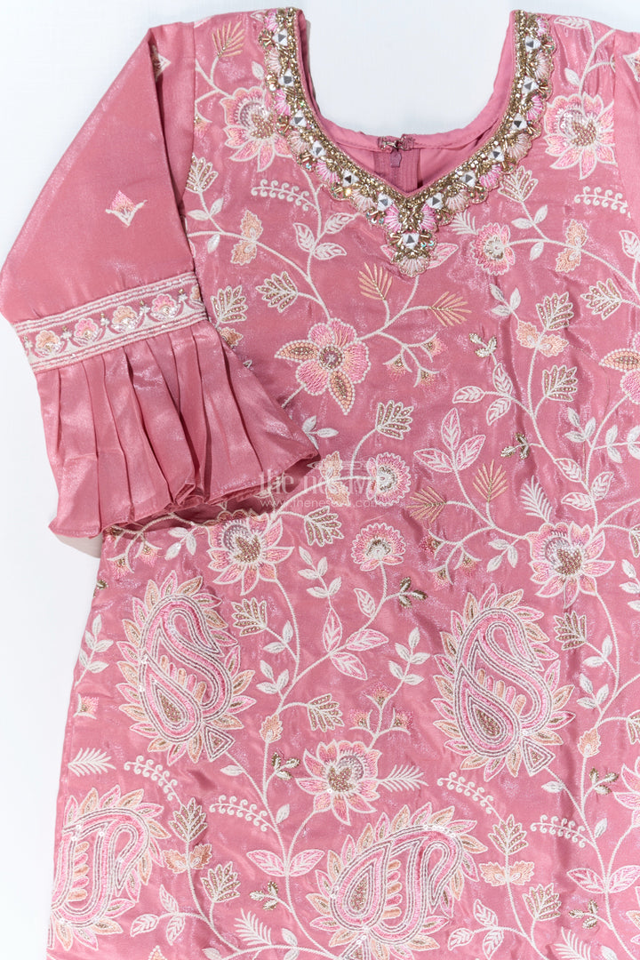 The Nesavu Girls Sharara / Plazo Set Girls Pakistani Reception Dress in Rose Pink with Embroidered Kurta and Flared Sharara Nesavu Girls Embroidered Pakistani Reception Dress Flared Sharara Bell Sleeves | The Nesavu