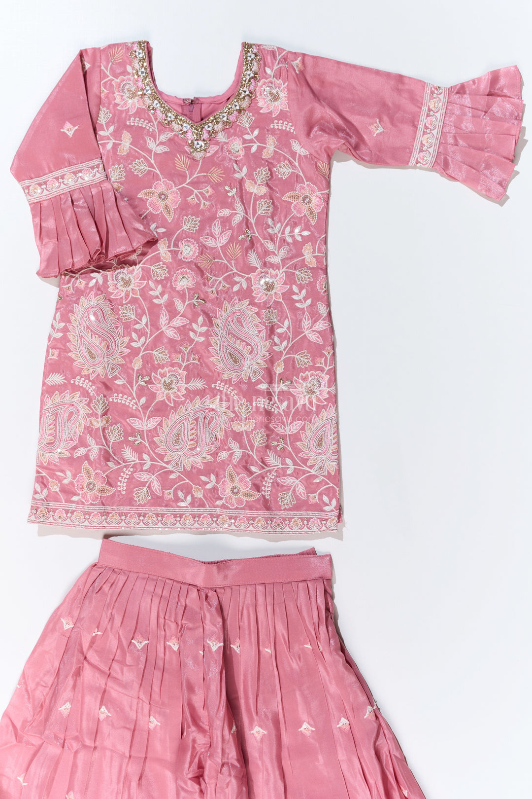 The Nesavu Girls Sharara / Plazo Set Girls Pakistani Reception Dress in Rose Pink with Embroidered Kurta and Flared Sharara Nesavu Girls Embroidered Pakistani Reception Dress Flared Sharara Bell Sleeves | The Nesavu