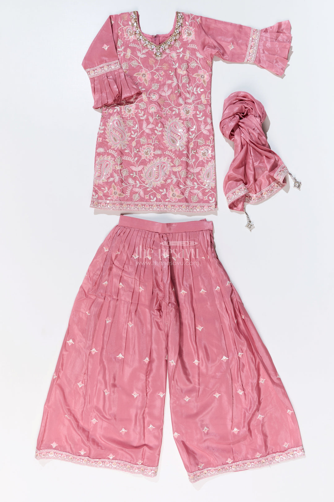 The Nesavu Girls Sharara / Plazo Set Girls Pakistani Reception Dress in Rose Pink with Embroidered Kurta and Flared Sharara Nesavu Girls Embroidered Pakistani Reception Dress Flared Sharara Bell Sleeves | The Nesavu