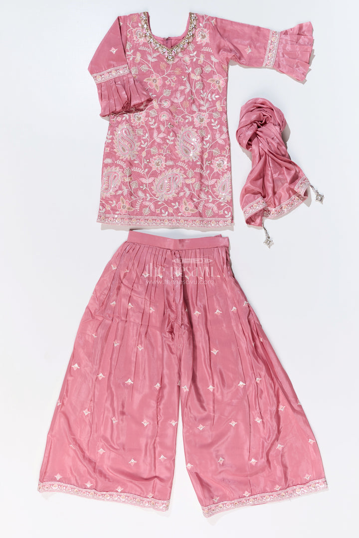 The Nesavu Girls Sharara / Plazo Set Girls Pakistani Reception Dress in Rose Pink with Embroidered Kurta and Flared Sharara Nesavu Girls Embroidered Pakistani Reception Dress Flared Sharara Bell Sleeves | The Nesavu