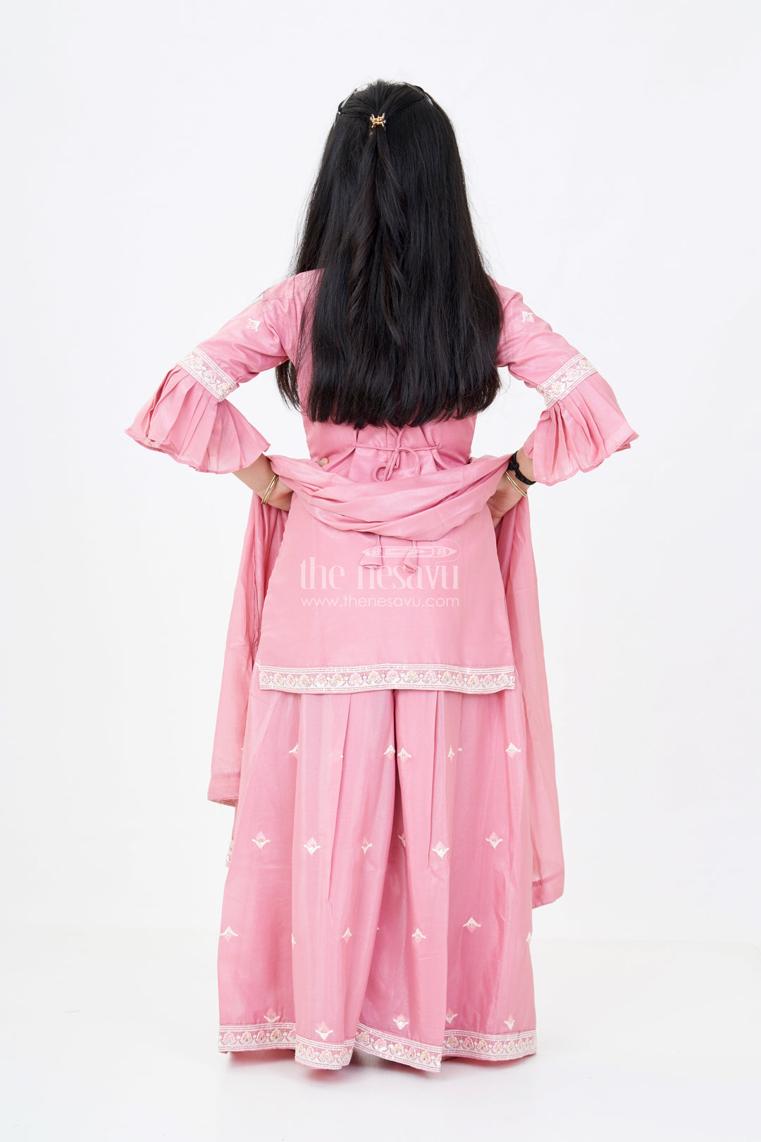 The Nesavu Girls Sharara / Plazo Set Girls Pakistani Reception Dress in Rose Pink with Embroidered Kurta and Flared Sharara Nesavu Girls Embroidered Pakistani Reception Dress Flared Sharara Bell Sleeves | The Nesavu