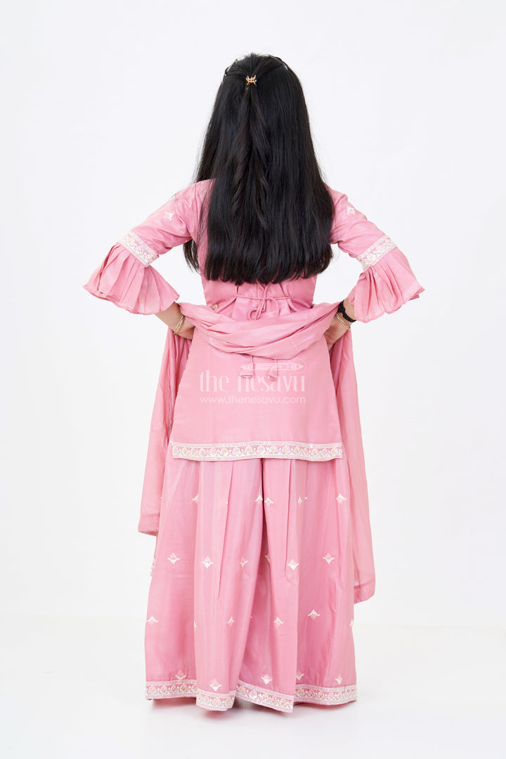 The Nesavu Girls Sharara / Plazo Set Girls Pakistani Reception Dress in Rose Pink with Embroidered Kurta and Flared Sharara Nesavu Girls Embroidered Pakistani Reception Dress Flared Sharara Bell Sleeves | The Nesavu