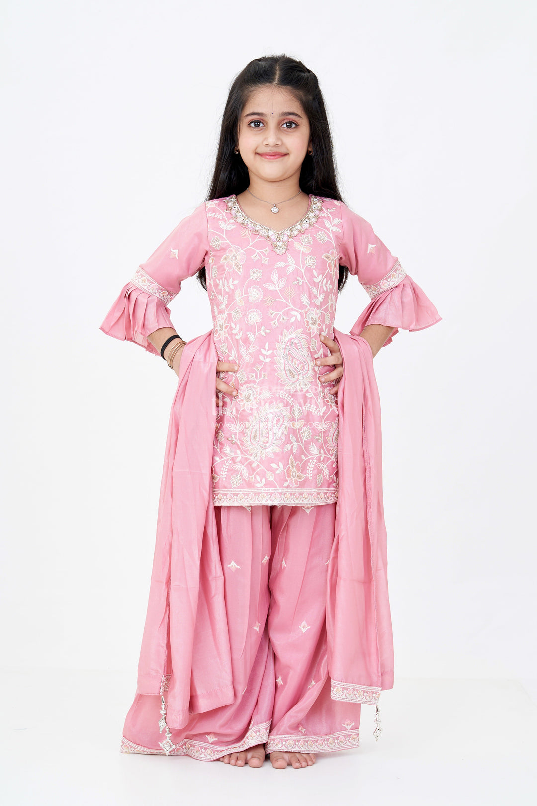 The Nesavu Girls Sharara / Plazo Set Girls Pakistani Reception Dress in Rose Pink with Embroidered Kurta and Flared Sharara Nesavu Girls Embroidered Pakistani Reception Dress Flared Sharara Bell Sleeves | The Nesavu