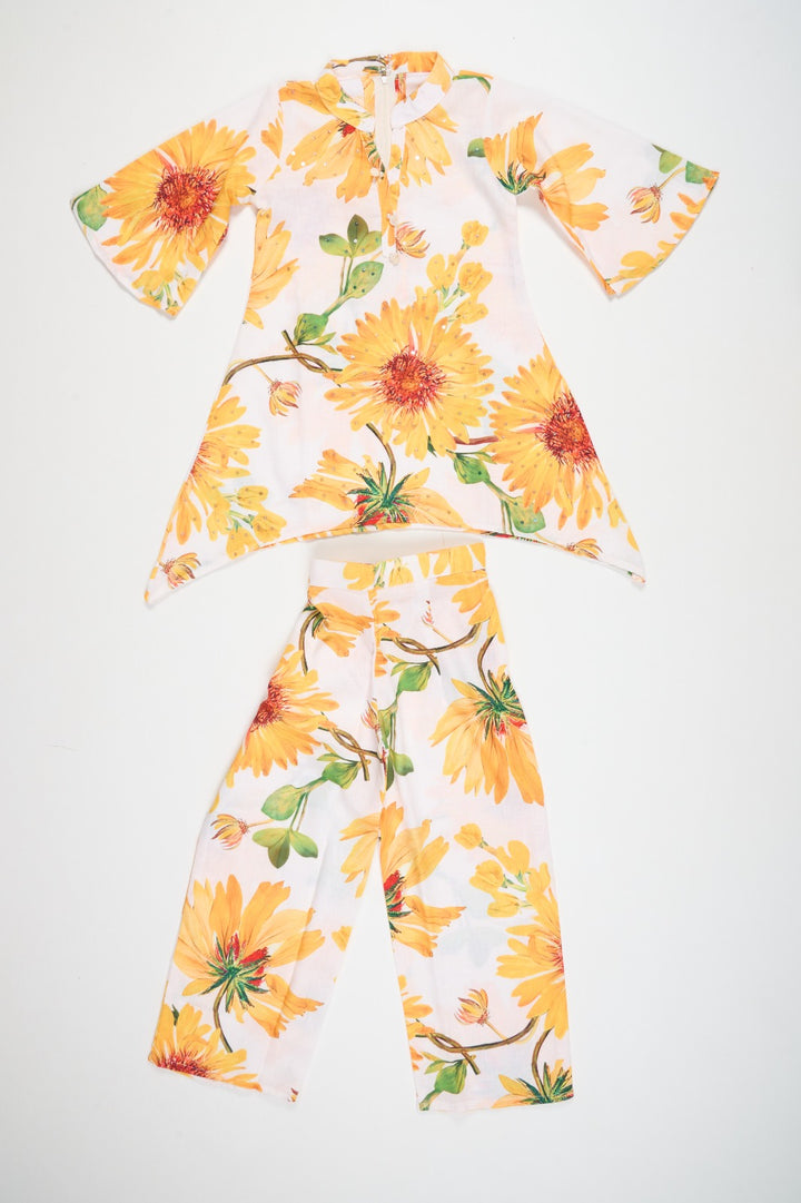 The Nesavu Girls Sharara / Plazo Set Girls Palazzo Pants and Shirt Set in Blended Fabric with Yellow Floral Print Ideal for Summer Outings Nesavu Nesavu Girls Yellow Floral Palazzo Pants Shirt Set Comfortable Blended Fabric Summer Wear