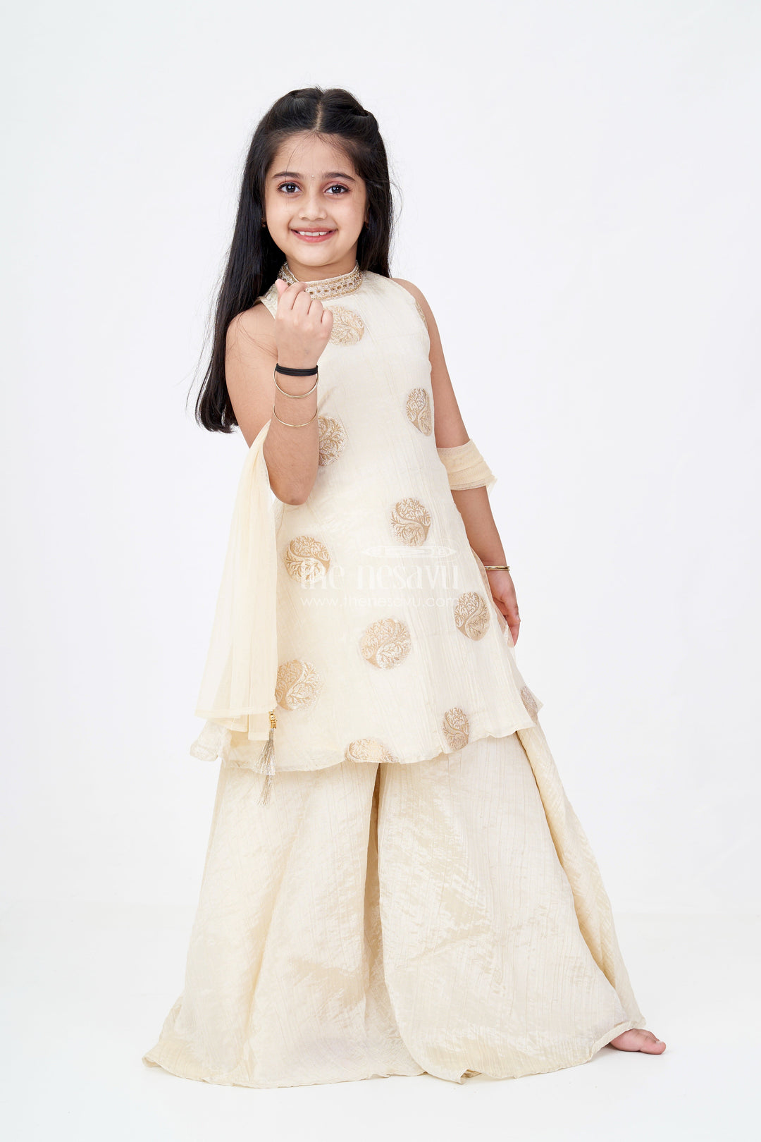 The Nesavu Girls Sharara / Plazo Set Girls Palazzo Pants and Top Set in Beige Viscose Tissue with Zari Weave Butta Design Nesavu 24 (5Y) / Cream GPS566A-24 Girls Palazzo Pants Top Set Beige Viscose Tissue Zari Butta Design | The Nesavu