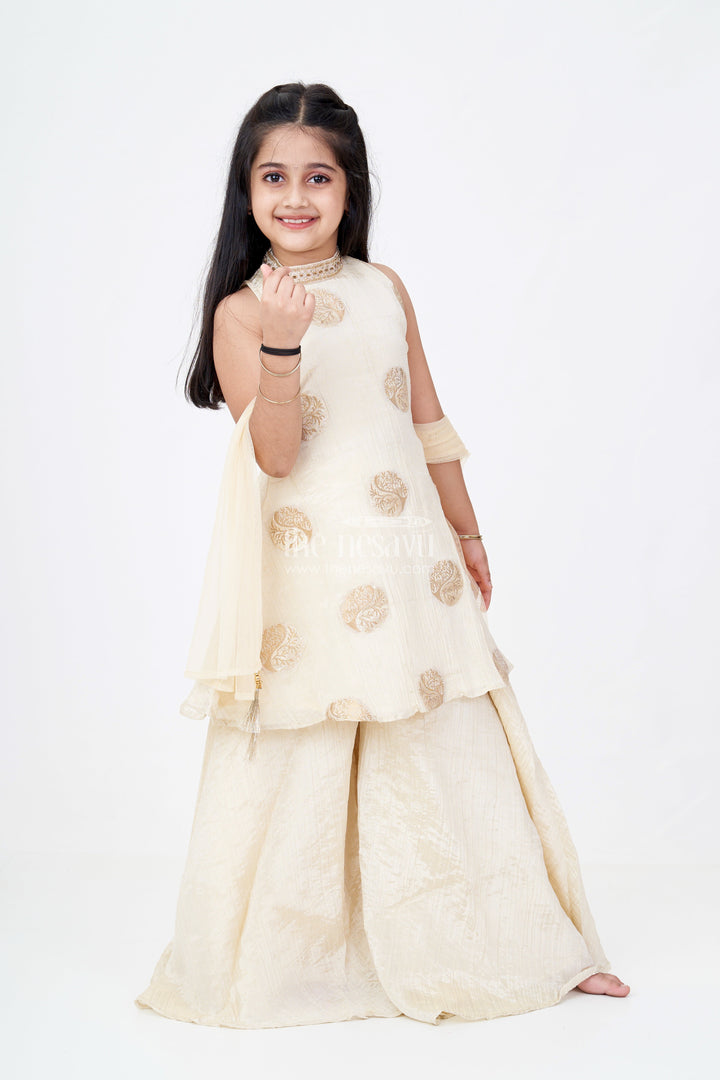 The Nesavu Girls Sharara / Plazo Set Girls Palazzo Pants and Top Set in Beige Viscose Tissue with Zari Weave Butta Design Nesavu 24 (5Y) / Cream GPS566A-24 Girls Palazzo Pants Top Set Beige Viscose Tissue Zari Butta Design | The Nesavu
