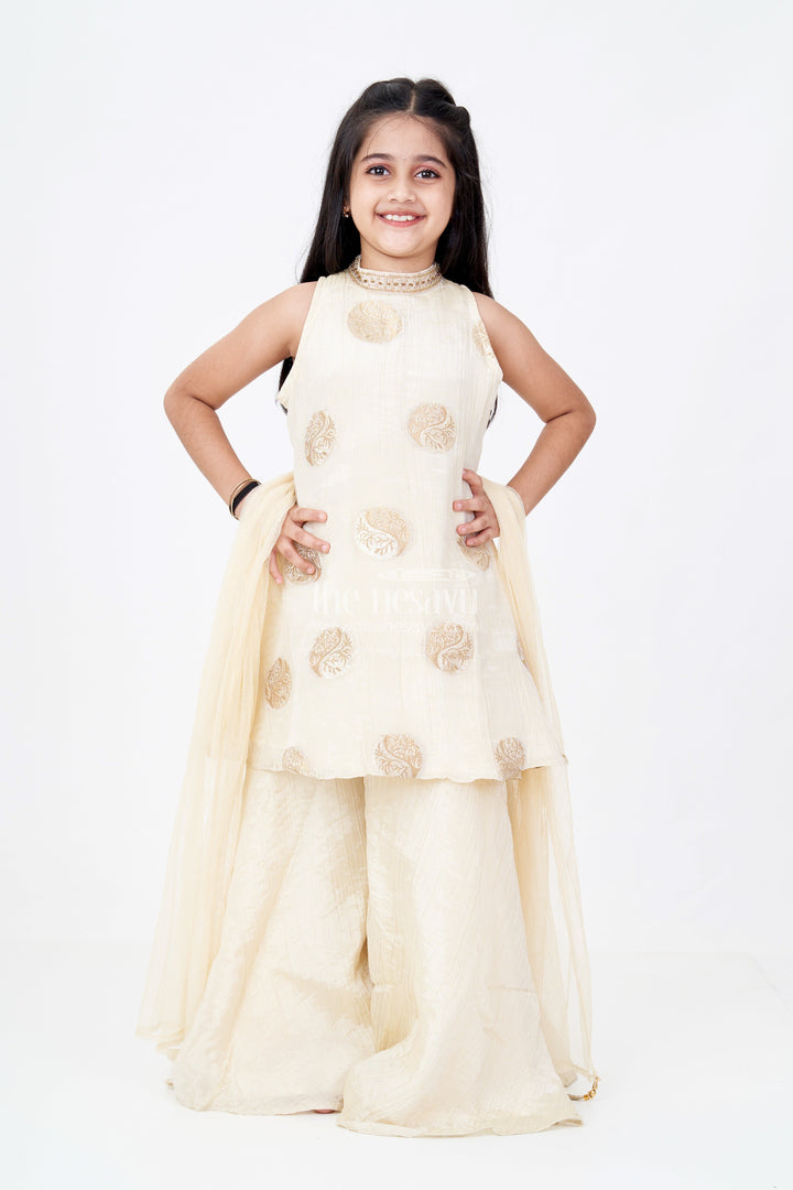 The Nesavu Girls Sharara / Plazo Set Girls Palazzo Pants and Top Set in Beige Viscose Tissue with Zari Weave Butta Design Nesavu Girls Palazzo Pants Top Set Beige Viscose Tissue Zari Butta Design | The Nesavu