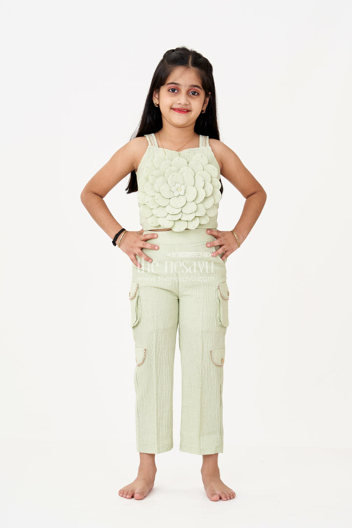 The Nesavu Girls Co-Ord Sets Girls Palazzo Pants for Girls in Blended Viscose Textured Fabric with 3D Floral Work and Stylish Pocket Embellishments Nesavu Girls Palazzo Pants Girls Blended Viscose Fabric Floral Embellishment Trendy Pockets | The Nesavu