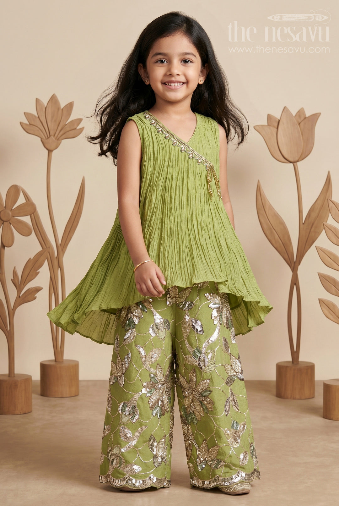 The Nesavu Girls Sharara / Plazo Set Girls Palazzo Set for Daily Wear and Casual Outings Nesavu 16 (1Y) / Green / Viscose Silk GPS1064A-16 Nesavu Girls Palazzo Set Viscose Blend Silk With Pleated Design For Casual And Daily Wear