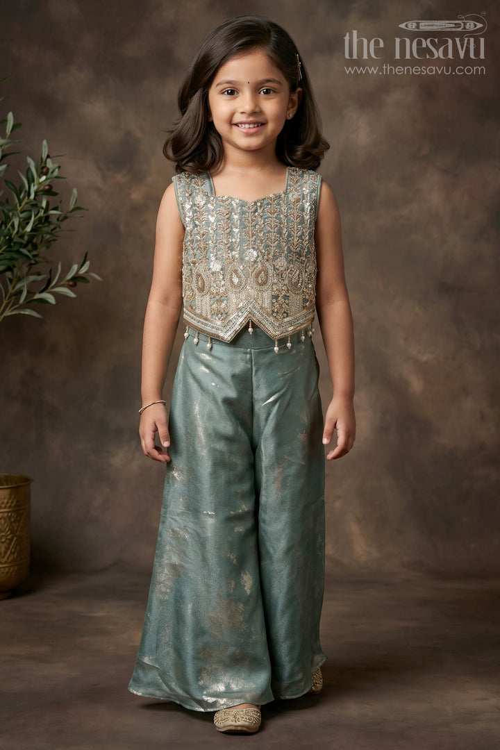 The Nesavu Girls Sharara / Plazo Set Girls Palazzo Set for Festive Weddings and Reception Parties Nesavu 18 (2Y) / Green / Organza Tissue GPS1069B-18 Nesavu Girls Palazzo Set For Festive Weddings And Reception Parties With Embroidered Ethnic Top