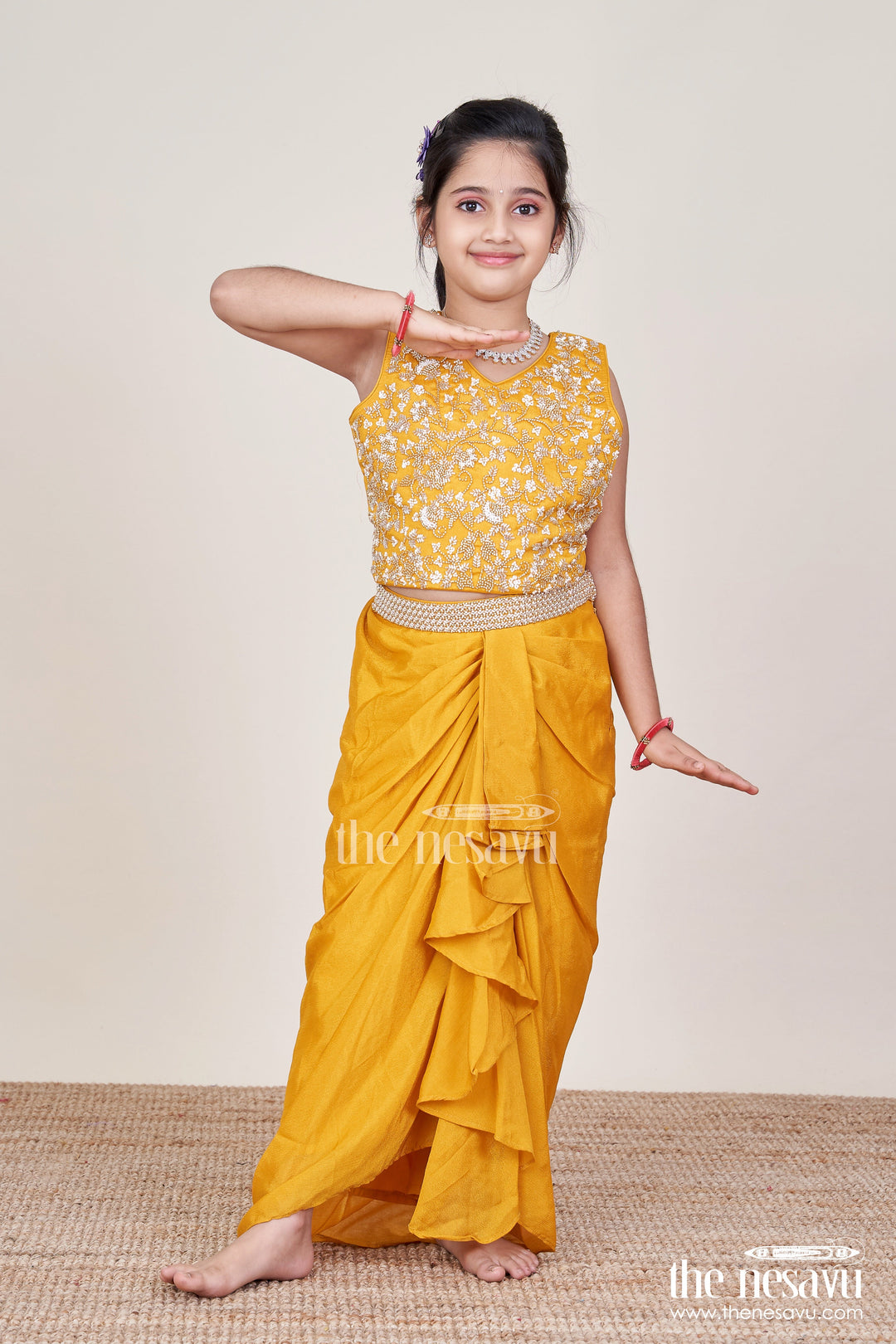 The Nesavu Girls Sharara / Plazo Set Girls Palazzo Set with Shrug for Weddings and Traditional Family Events Nesavu 28 (7Y) / Yellow GL837A-28 Nesavu girls festive palazzo set shrug kurti weddings family celebrations