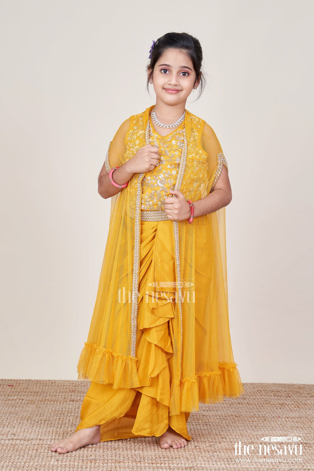The Nesavu Girls Sharara / Plazo Set Girls Palazzo Set with Shrug for Weddings and Traditional Family Events Nesavu Nesavu girls festive palazzo set shrug kurti weddings family celebrations