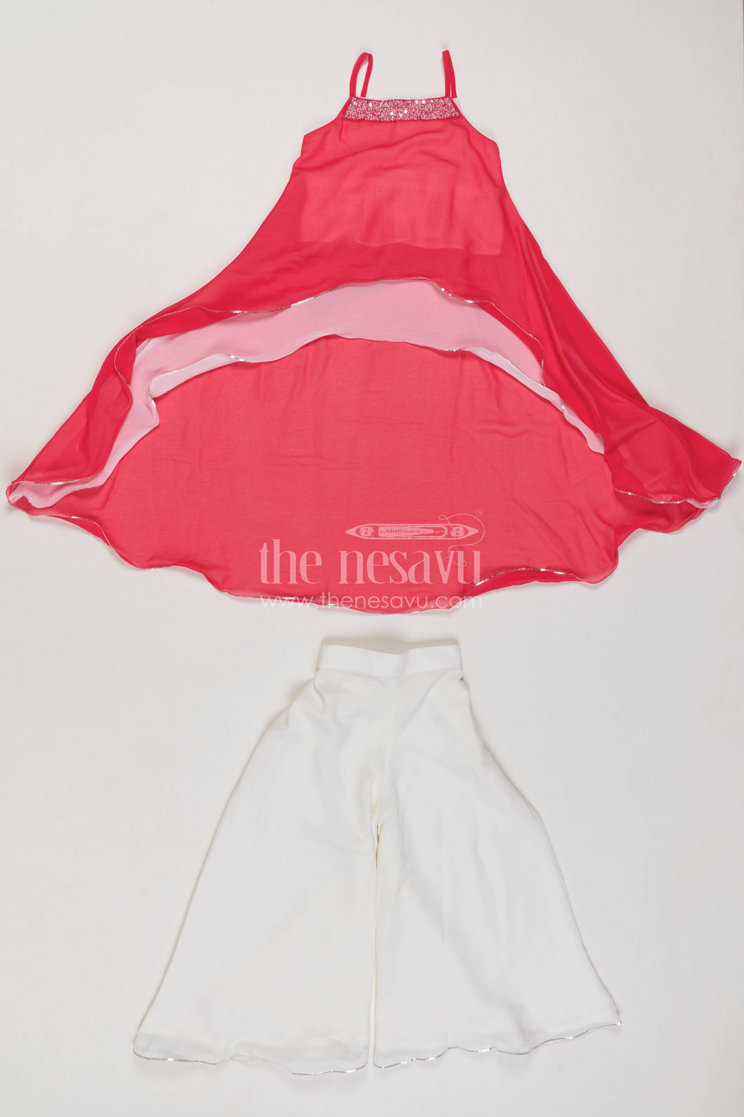 The Nesavu Girls Sharara / Plazo Set Girls Palazzo Set with Smart Tailoring for Weddings and Parties Nesavu 24 (5Y) / Pink / Georgette GPS1165A-24 Nesavu Girls Palazzo Set In Pink For Milestone Days GPS1165A-24