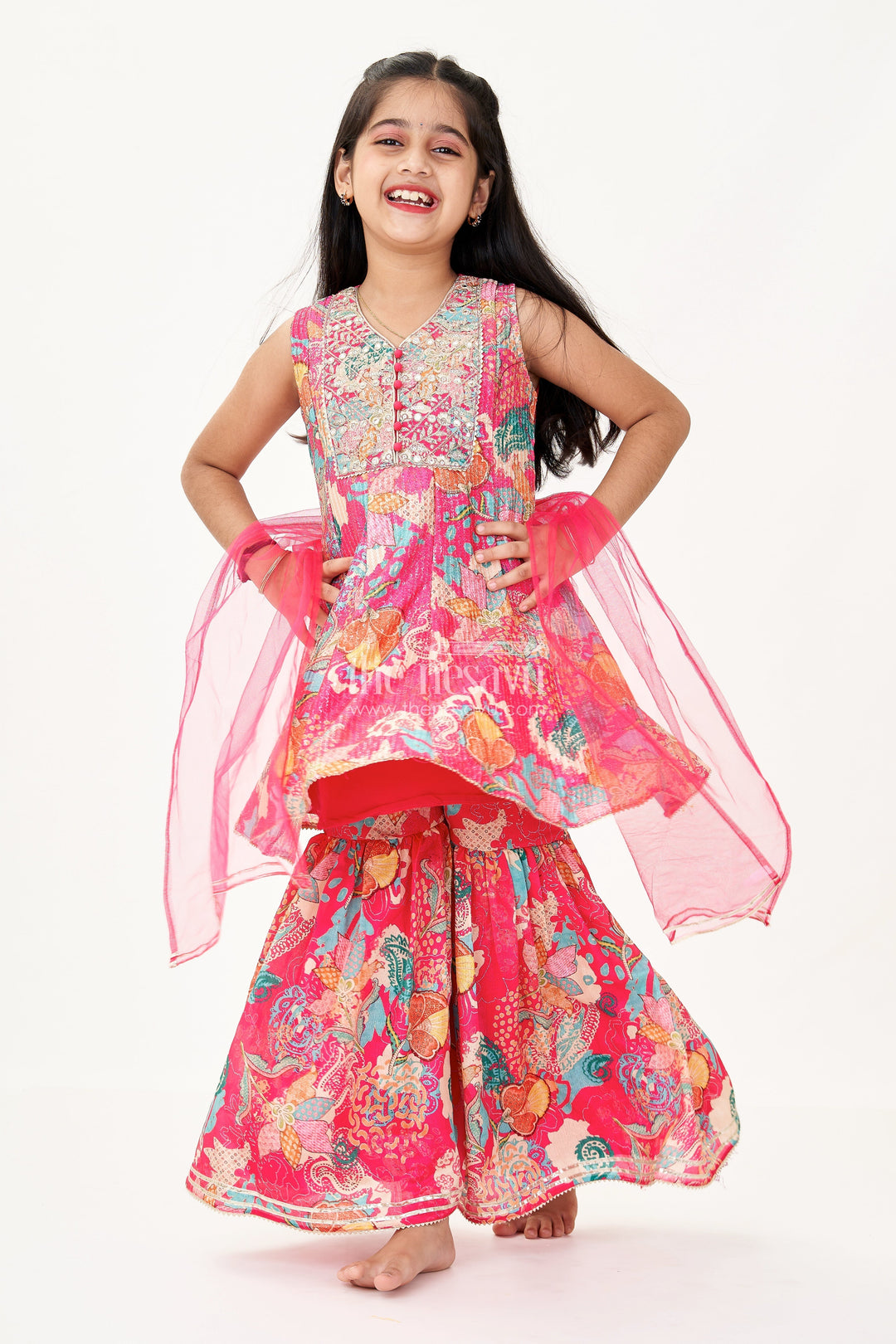 The Nesavu Girls Sharara / Plazo Set Girls Palazzo Wear Set with Bright Floral Georgette Digital Print and Sequin Embroidery Nesavu 22 (4Y) / Pink GPS582A-22 Girls Palazzo Wear Bright Floral Georgette Digital Print Sequin Embellishments | The Nesavu
