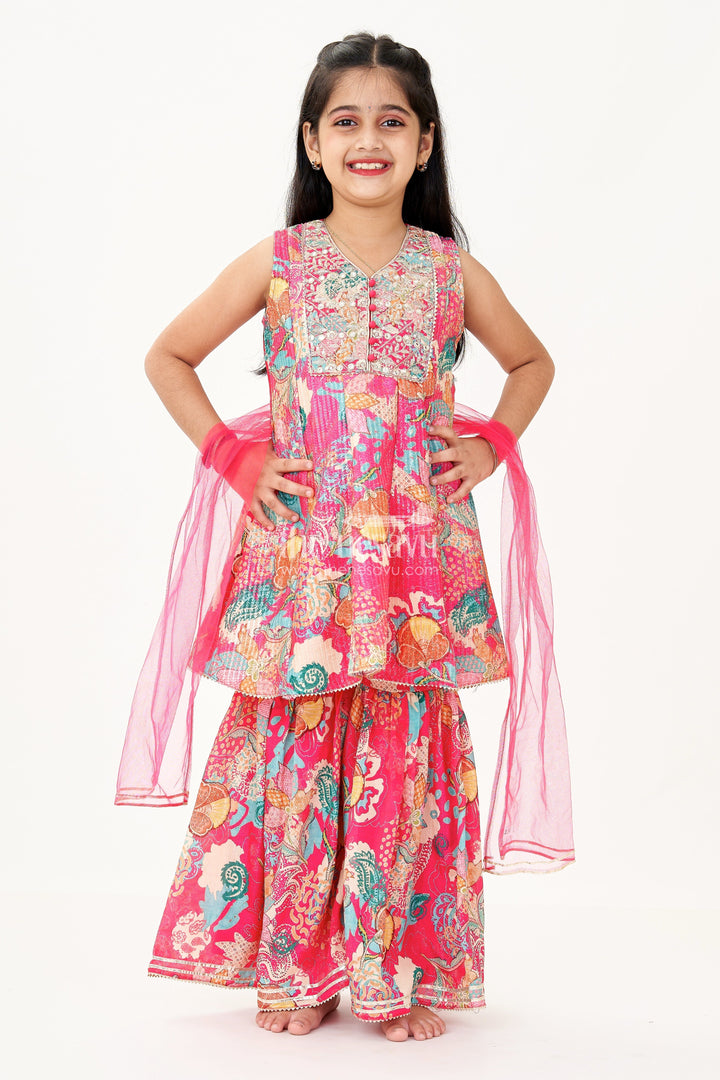 The Nesavu Girls Sharara / Plazo Set Girls Palazzo Wear Set with Bright Floral Georgette Digital Print and Sequin Embroidery Nesavu Girls Palazzo Wear Bright Floral Georgette Digital Print Sequin Embellishments | The Nesavu