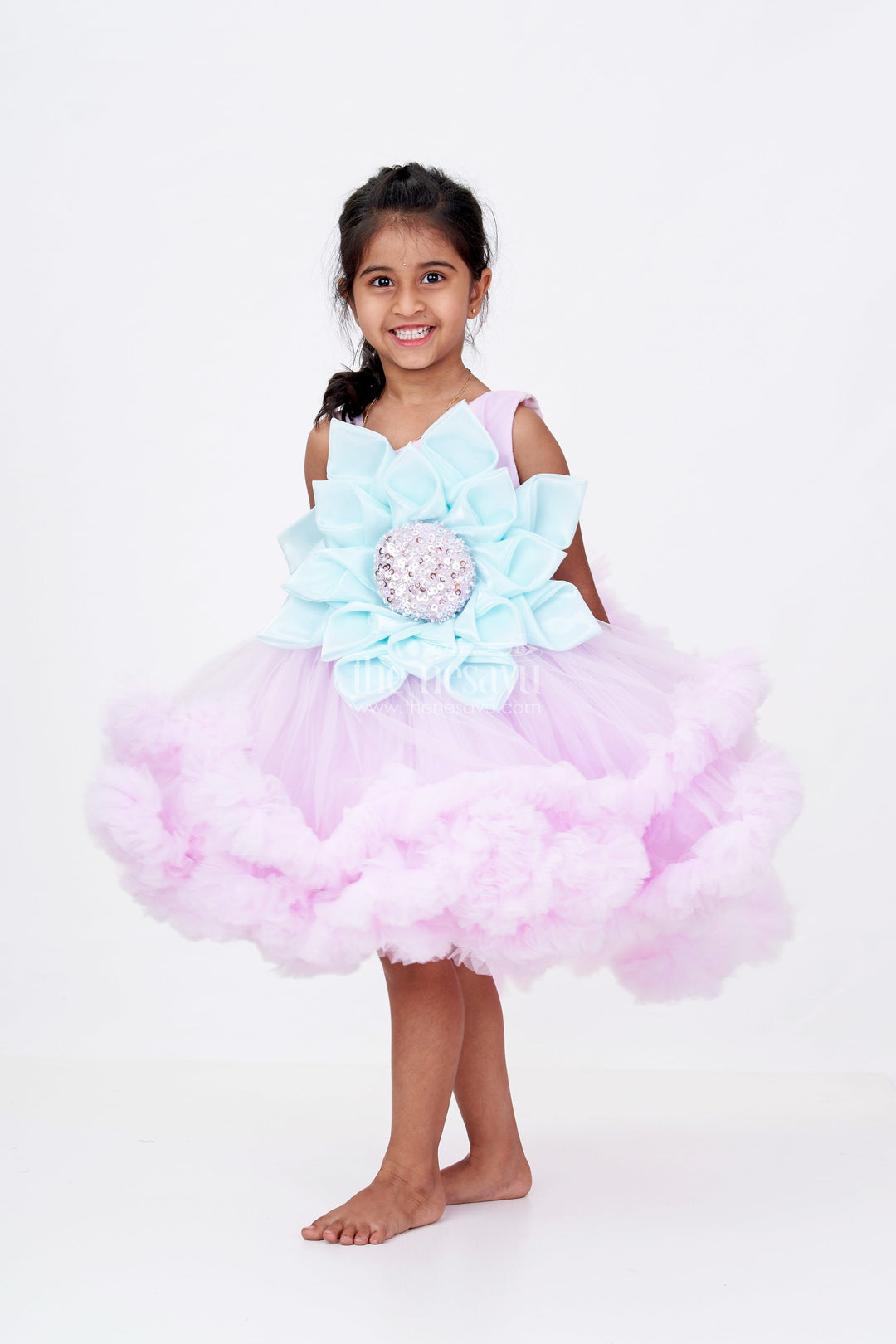 The Nesavu Girls Fancy Party Frock Girls Pari Wali Frock in Soft Plain Net with 3D Flower Embellishment and Layered Ruffle Design for Magical Moments Nesavu 16 (1Y) / Pink PF213A-16 Girls Pari Wali Frock Pastel Net Layered Ruffles 3D Floral Embellishment | The Nesavu