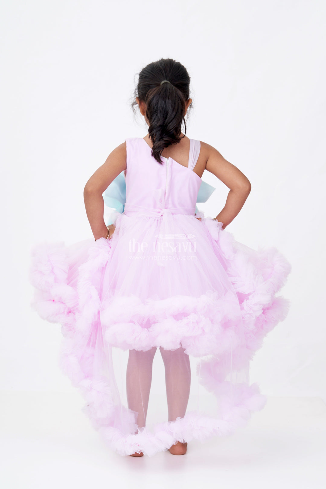 The Nesavu Girls Fancy Party Frock Girls Pari Wali Frock in Soft Plain Net with 3D Flower Embellishment and Layered Ruffle Design for Magical Moments Nesavu Girls Pari Wali Frock Pastel Net Layered Ruffles 3D Floral Embellishment | The Nesavu