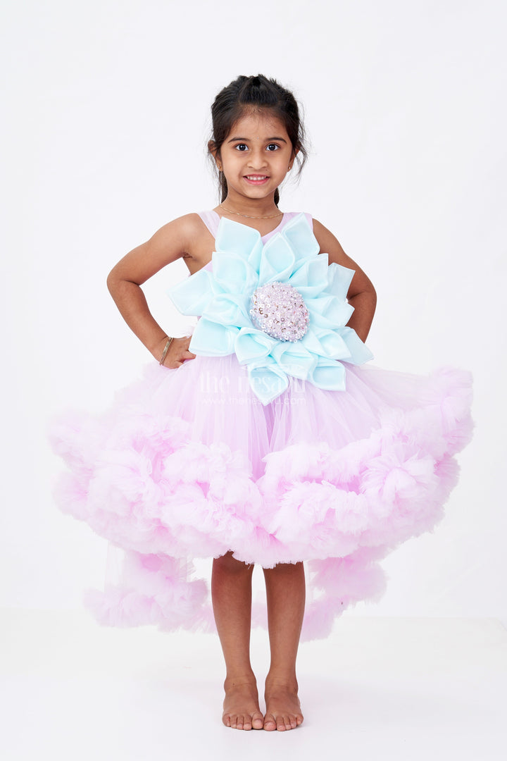 The Nesavu Girls Fancy Party Frock Girls Pari Wali Frock in Soft Plain Net with 3D Flower Embellishment and Layered Ruffle Design for Magical Moments Nesavu Girls Pari Wali Frock Pastel Net Layered Ruffles 3D Floral Embellishment | The Nesavu