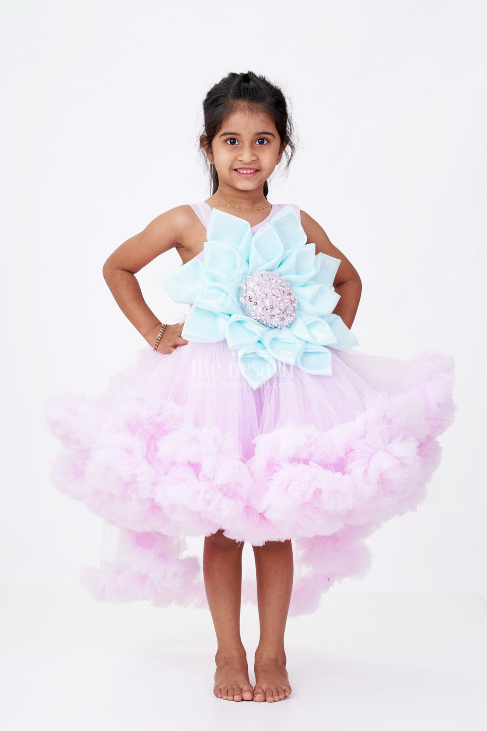 The Nesavu Girls Fancy Party Frock Girls Pari Wali Frock in Soft Plain Net with 3D Flower Embellishment and Layered Ruffle Design for Magical Moments Nesavu Nesavu Girls Pari Wali Frock Pastel Net Layered Ruffles 3D Floral Embellishment