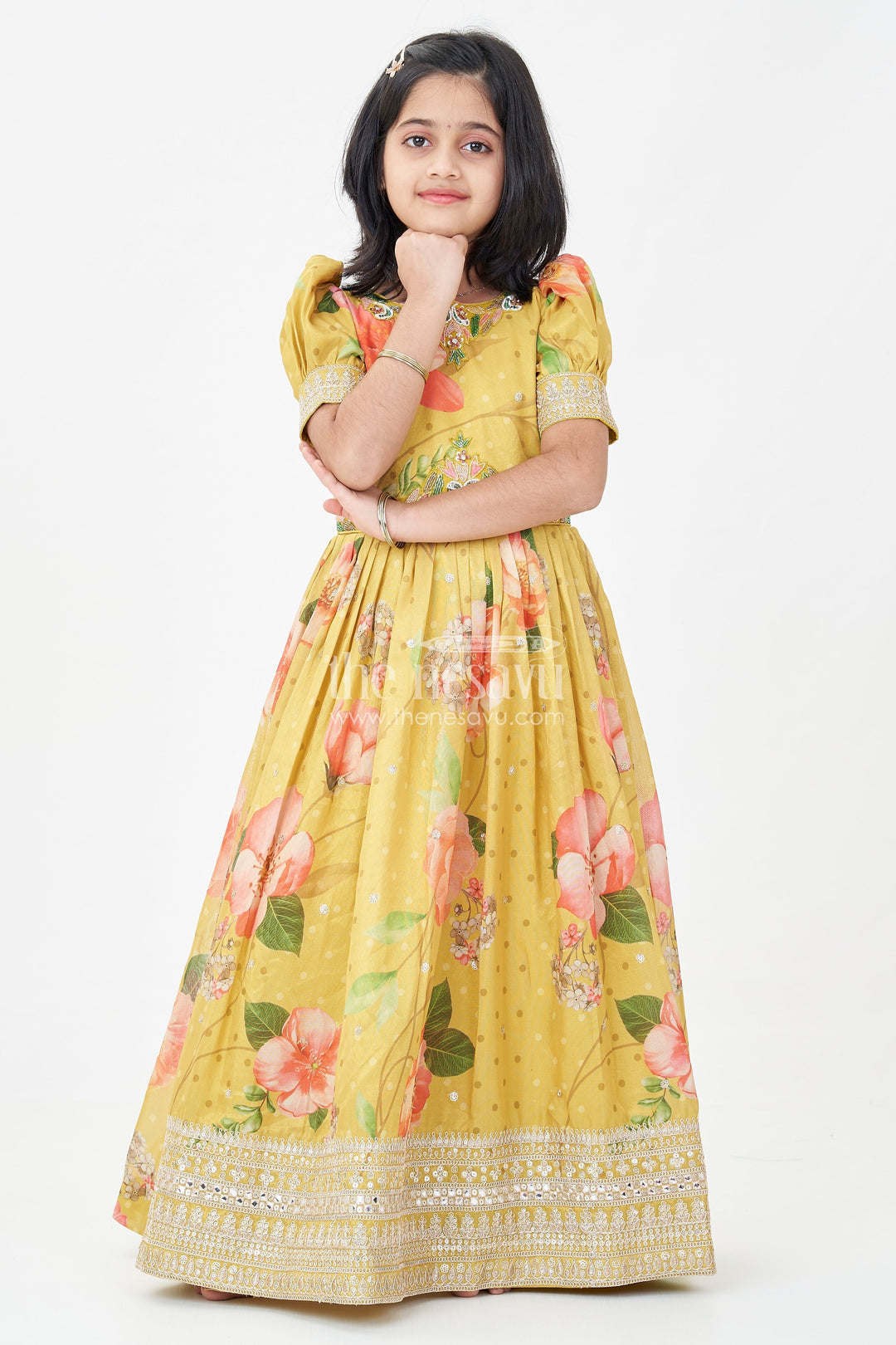 The Nesavu Girls Silk Gown Girls Party Anarkali Dress in Yellow Blend Chinon Silk with Digital Floral Print and Sequin Embroidered Border Nesavu 24 (5Y) / Yellow GA321A-24 Girls Party Anarkali Dress Chinon Silk Digital Floral Print Embellished Borders | The Nesavu