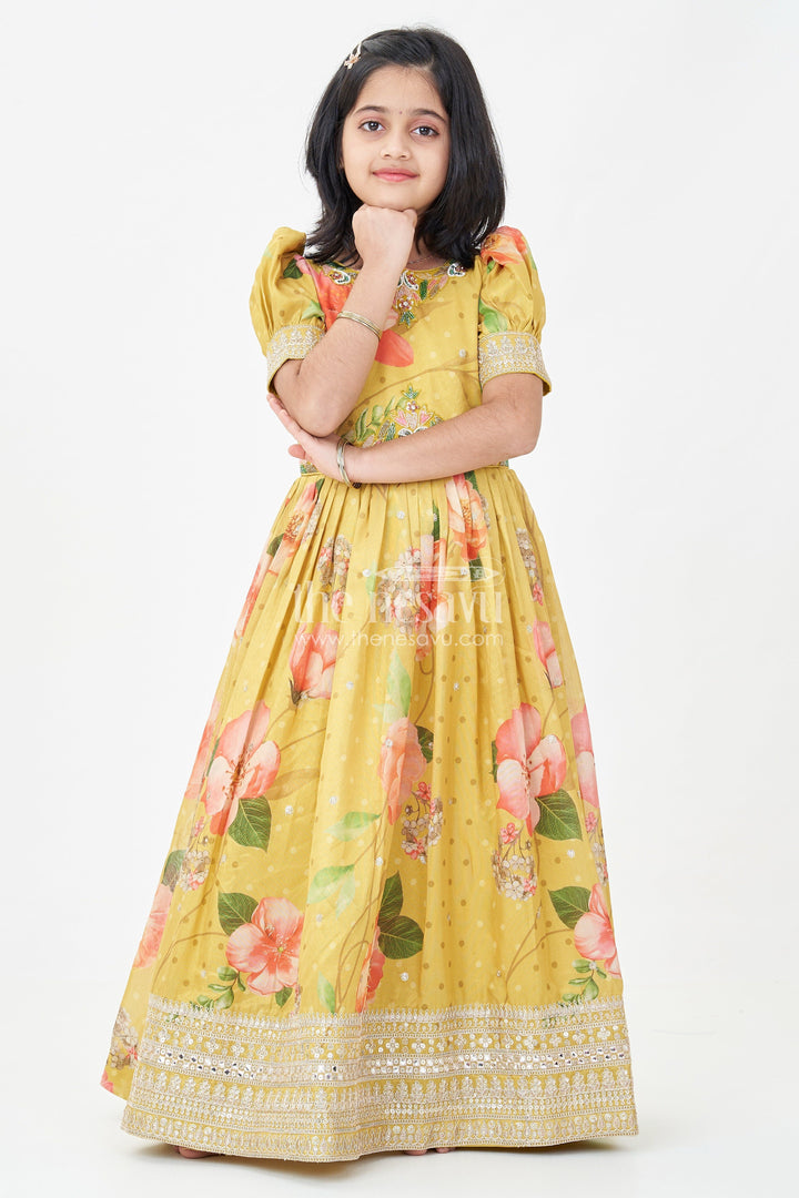 The Nesavu Girls Silk Gown Girls Party Anarkali Dress in Yellow Blend Chinon Silk with Digital Floral Print and Sequin Embroidered Border Nesavu 24 (5Y) / Yellow GA321A-24 Girls Party Anarkali Dress Chinon Silk Digital Floral Print Embellished Borders | The Nesavu
