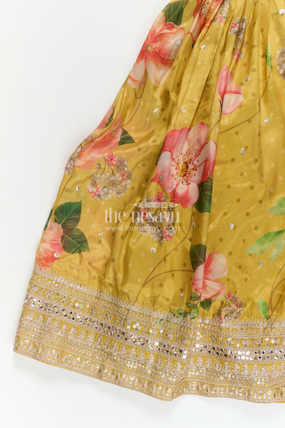 The Nesavu Girls Silk Gown Girls Party Anarkali Dress in Yellow Blend Chinon Silk with Digital Floral Print and Sequin Embroidered Border Nesavu Girls Party Anarkali Dress Chinon Silk Digital Floral Print Embellished Borders | The Nesavu