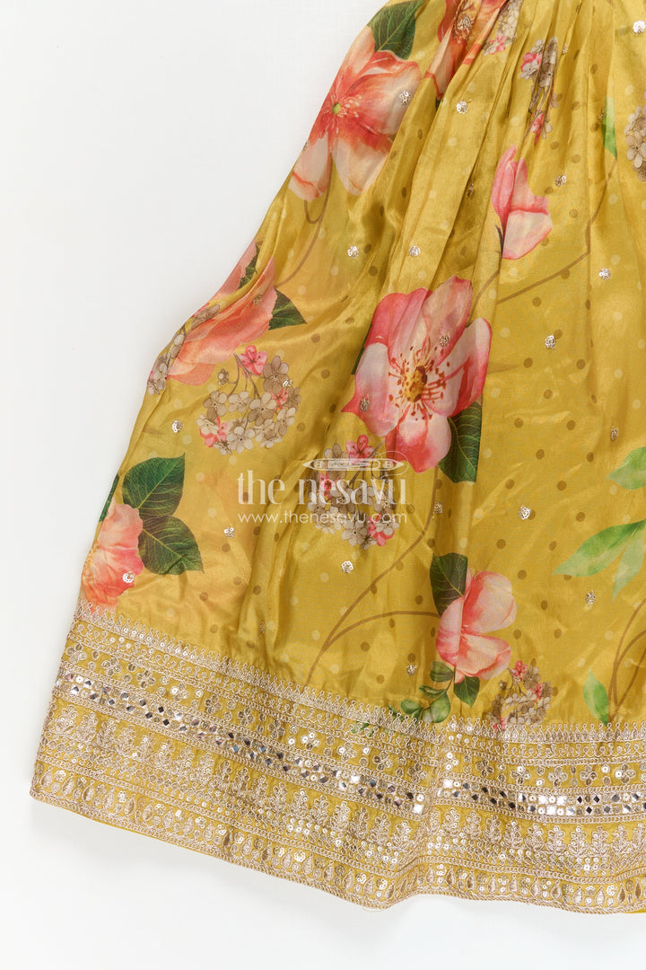 The Nesavu Girls Silk Gown Girls Party Anarkali Dress in Yellow Blend Chinon Silk with Digital Floral Print and Sequin Embroidered Border Nesavu Girls Party Anarkali Dress Chinon Silk Digital Floral Print Embellished Borders | The Nesavu