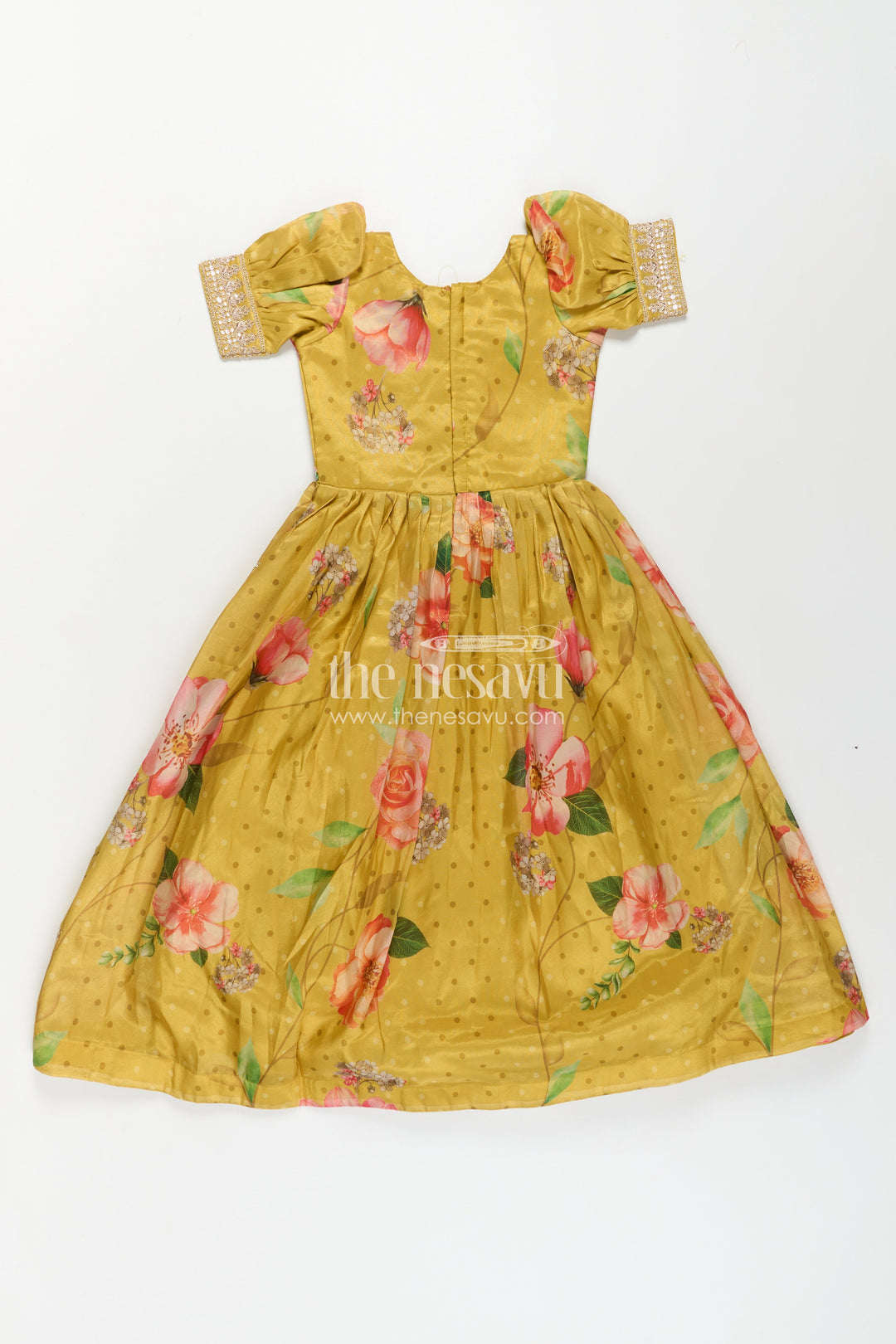 The Nesavu Girls Silk Gown Girls Party Anarkali Dress in Yellow Blend Chinon Silk with Digital Floral Print and Sequin Embroidered Border Nesavu Girls Party Anarkali Dress Chinon Silk Digital Floral Print Embellished Borders | The Nesavu