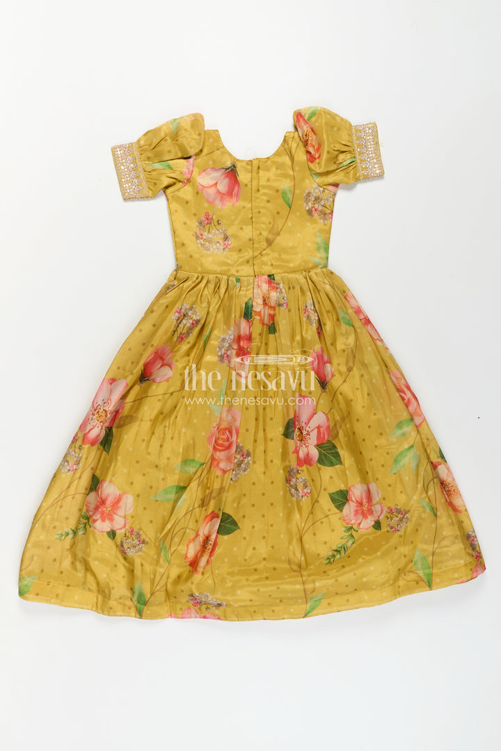 The Nesavu Girls Silk Gown Girls Party Anarkali Dress in Yellow Blend Chinon Silk with Digital Floral Print and Sequin Embroidered Border Nesavu Girls Party Anarkali Dress Chinon Silk Digital Floral Print Embellished Borders | The Nesavu
