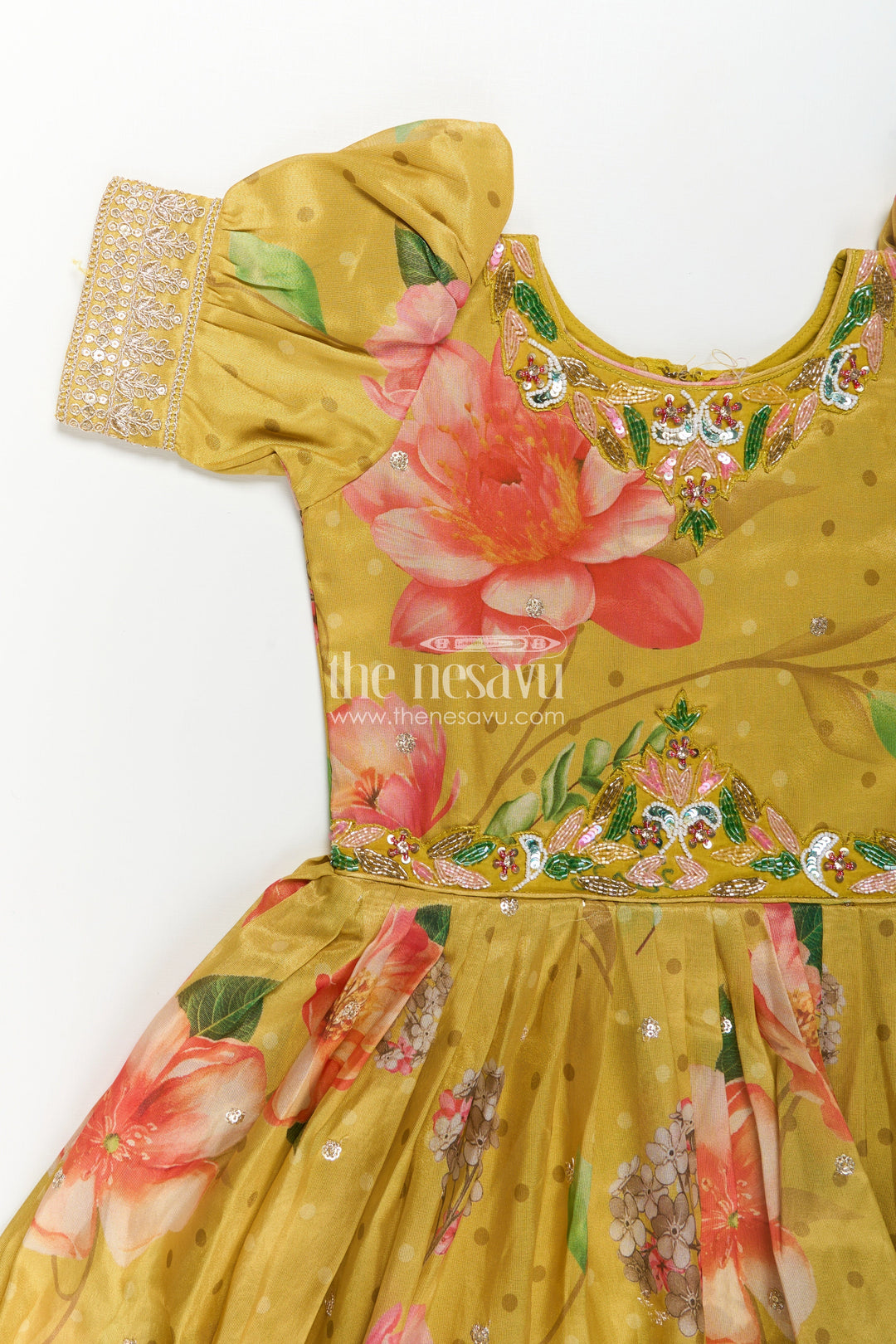 The Nesavu Girls Silk Gown Girls Party Anarkali Dress in Yellow Blend Chinon Silk with Digital Floral Print and Sequin Embroidered Border Nesavu Girls Party Anarkali Dress Chinon Silk Digital Floral Print Embellished Borders | The Nesavu