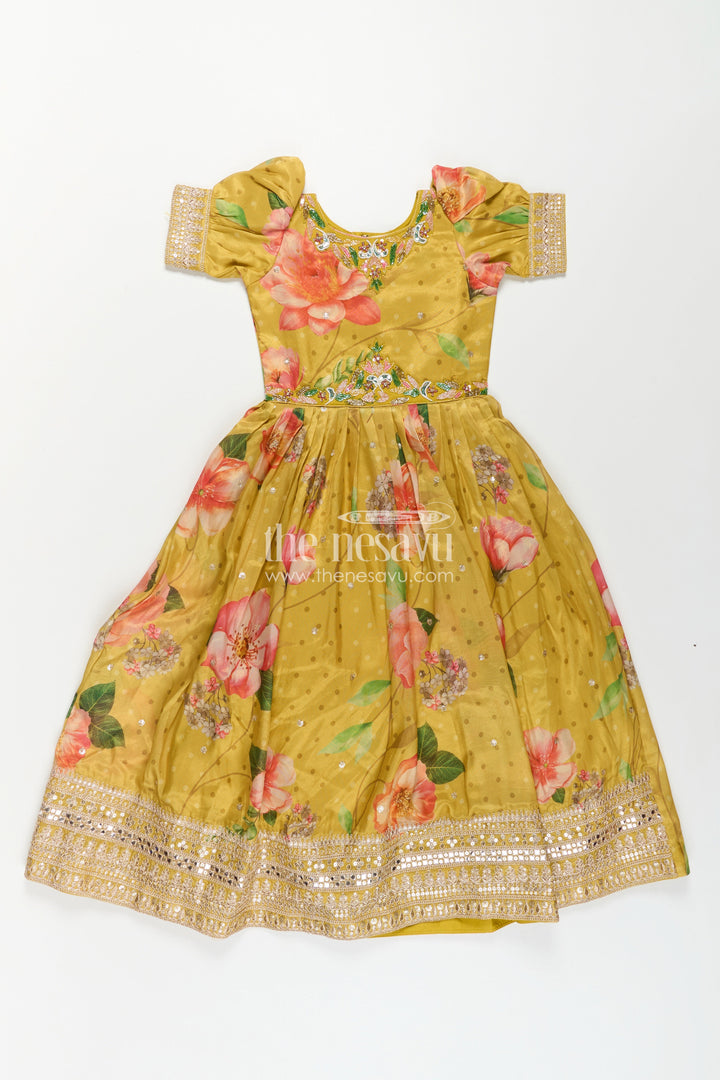 The Nesavu Girls Silk Gown Girls Party Anarkali Dress in Yellow Blend Chinon Silk with Digital Floral Print and Sequin Embroidered Border Nesavu Girls Party Anarkali Dress Chinon Silk Digital Floral Print Embellished Borders | The Nesavu