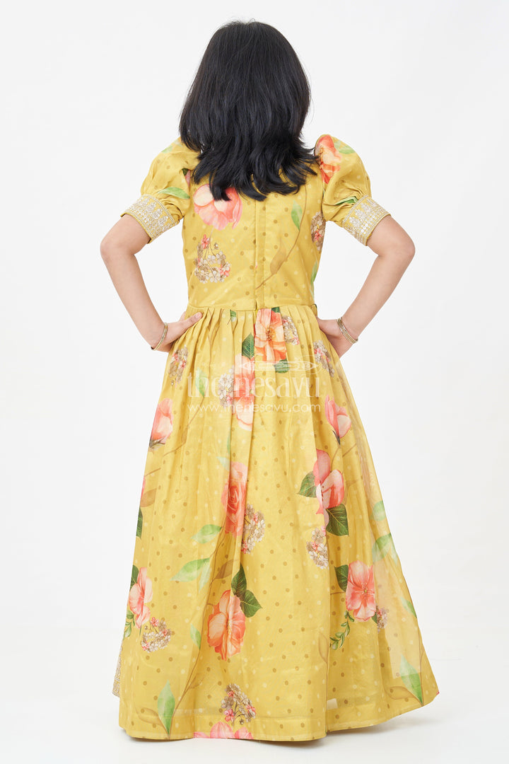 The Nesavu Girls Silk Gown Girls Party Anarkali Dress in Yellow Blend Chinon Silk with Digital Floral Print and Sequin Embroidered Border Nesavu Girls Party Anarkali Dress Chinon Silk Digital Floral Print Embellished Borders | The Nesavu