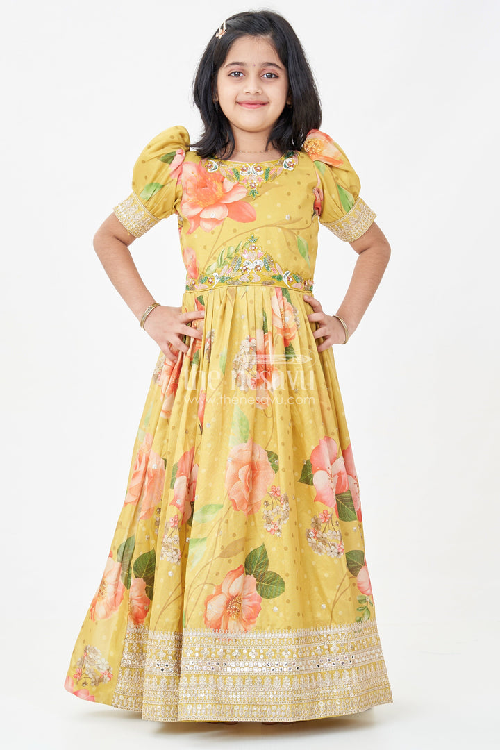 The Nesavu Girls Silk Gown Girls Party Anarkali Dress in Yellow Blend Chinon Silk with Digital Floral Print and Sequin Embroidered Border Nesavu Girls Party Anarkali Dress Chinon Silk Digital Floral Print Embellished Borders | The Nesavu