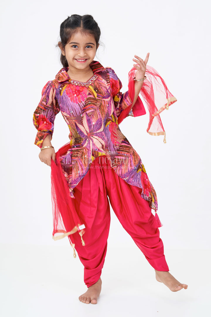 The Nesavu Girls Dothi Sets Girls Party Dothi Dress with Printed Jacket and Draped Pants in Red Nesavu 16 (1Y) / Pink GPS553A-16 Girls Party Dothi Dress Printed Jacket Draped Pants Red | The Nesavu