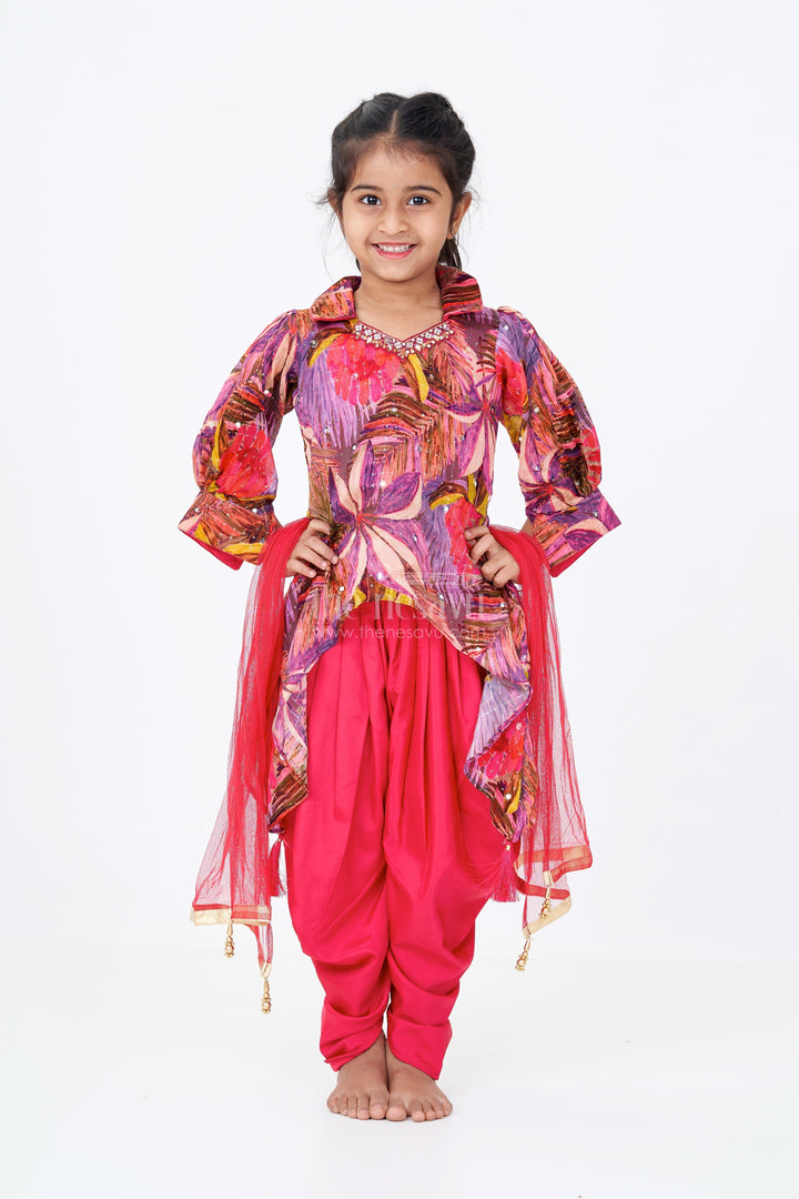 The Nesavu Girls Dothi Sets Girls Party Dothi Dress with Printed Jacket and Draped Pants in Red Nesavu Girls Party Dothi Dress Printed Jacket Draped Pants Red | The Nesavu