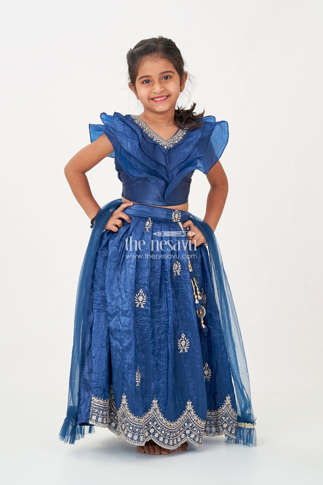 The Nesavu Girls Lehenga Choli Girls Party Dress in Navy Blue Organza Lehenga Choli with Elegant Zari Work and Flared Silhouette Nesavu 16 (1Y) / Blue GL628B-16 Girl Party Dress in Navy Blue Organza Lehenga with Golden Zari Embroidery and Ruffle Blouse | The Nesavu