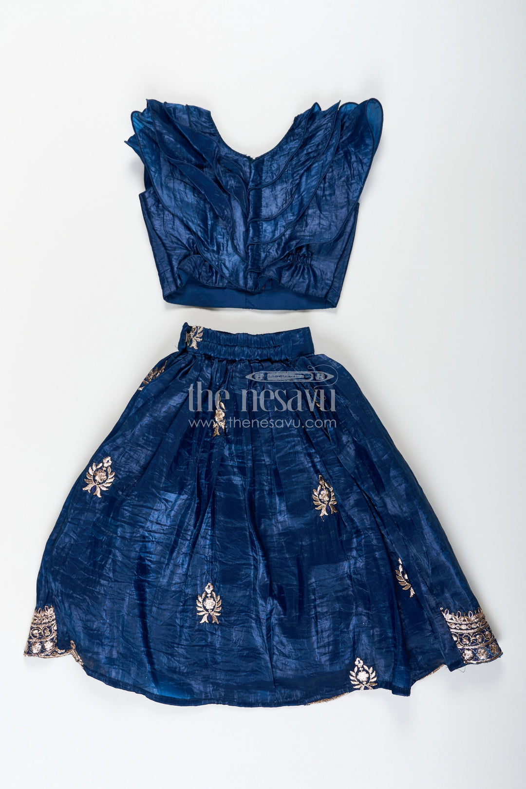 The Nesavu Girls Lehenga Choli Girls Party Dress in Navy Blue Organza Lehenga Choli with Elegant Zari Work and Flared Silhouette Nesavu Girl Party Dress in Navy Blue Organza Lehenga with Golden Zari Embroidery and Ruffle Blouse | The Nesavu