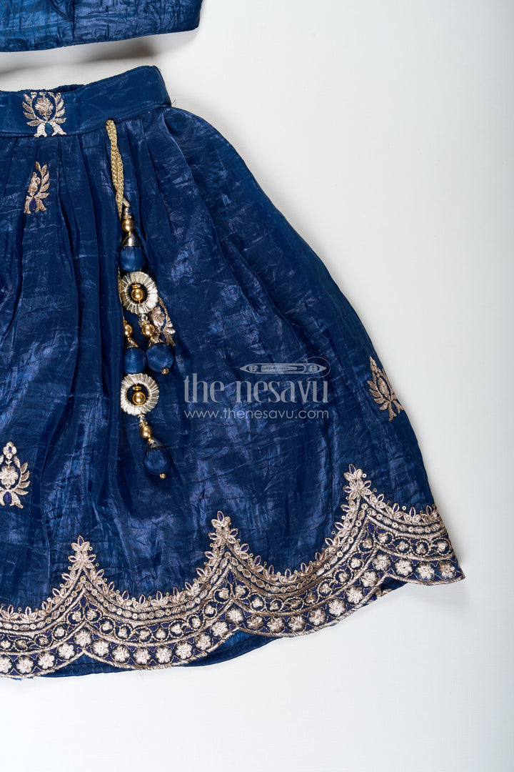 The Nesavu Girls Lehenga Choli Girls Party Dress in Navy Blue Organza Lehenga Choli with Elegant Zari Work and Flared Silhouette Nesavu Girl Party Dress in Navy Blue Organza Lehenga with Golden Zari Embroidery and Ruffle Blouse | The Nesavu