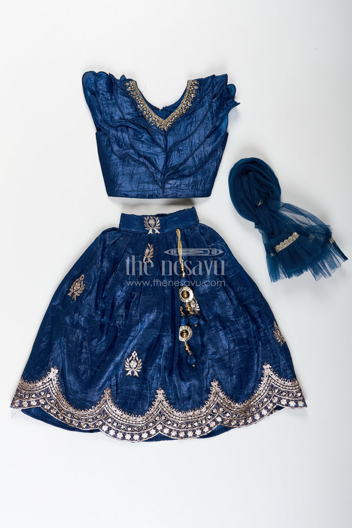 The Nesavu Girls Lehenga Choli Girls Party Dress in Navy Blue Organza Lehenga Choli with Elegant Zari Work and Flared Silhouette Nesavu Girl Party Dress in Navy Blue Organza Lehenga with Golden Zari Embroidery and Ruffle Blouse | The Nesavu