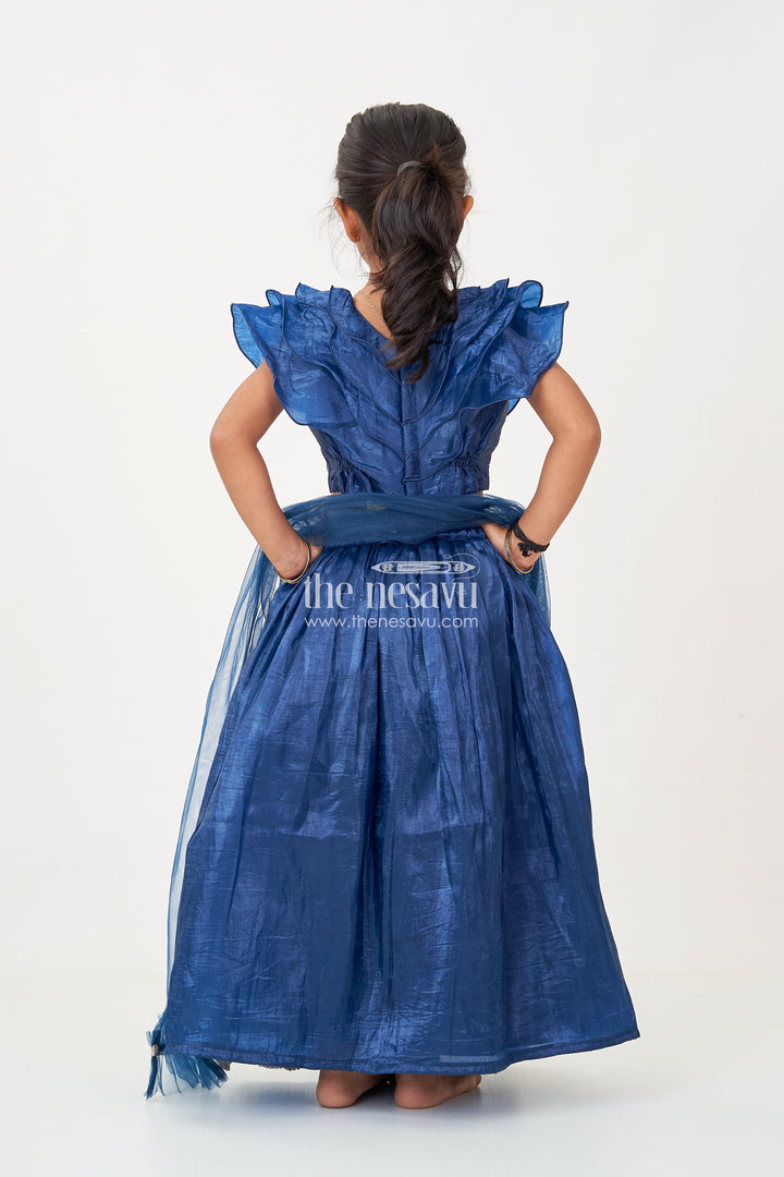 The Nesavu Girls Lehenga Choli Girls Party Dress in Navy Blue Organza Lehenga Choli with Elegant Zari Work and Flared Silhouette Nesavu Girl Party Dress in Navy Blue Organza Lehenga with Golden Zari Embroidery and Ruffle Blouse | The Nesavu