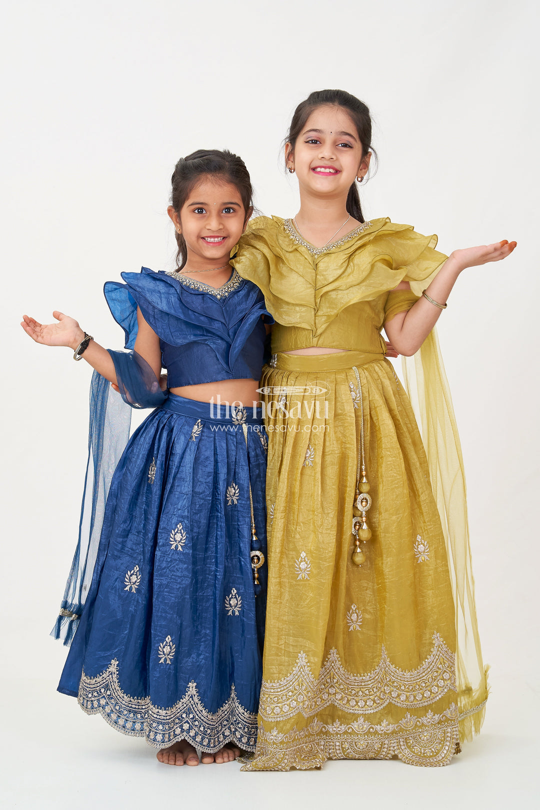 The Nesavu Girls Lehenga Choli Girls Party Dress in Navy Blue Organza Lehenga Choli with Elegant Zari Work and Flared Silhouette Nesavu Girl Party Dress in Navy Blue Organza Lehenga with Golden Zari Embroidery and Ruffle Blouse | The Nesavu
