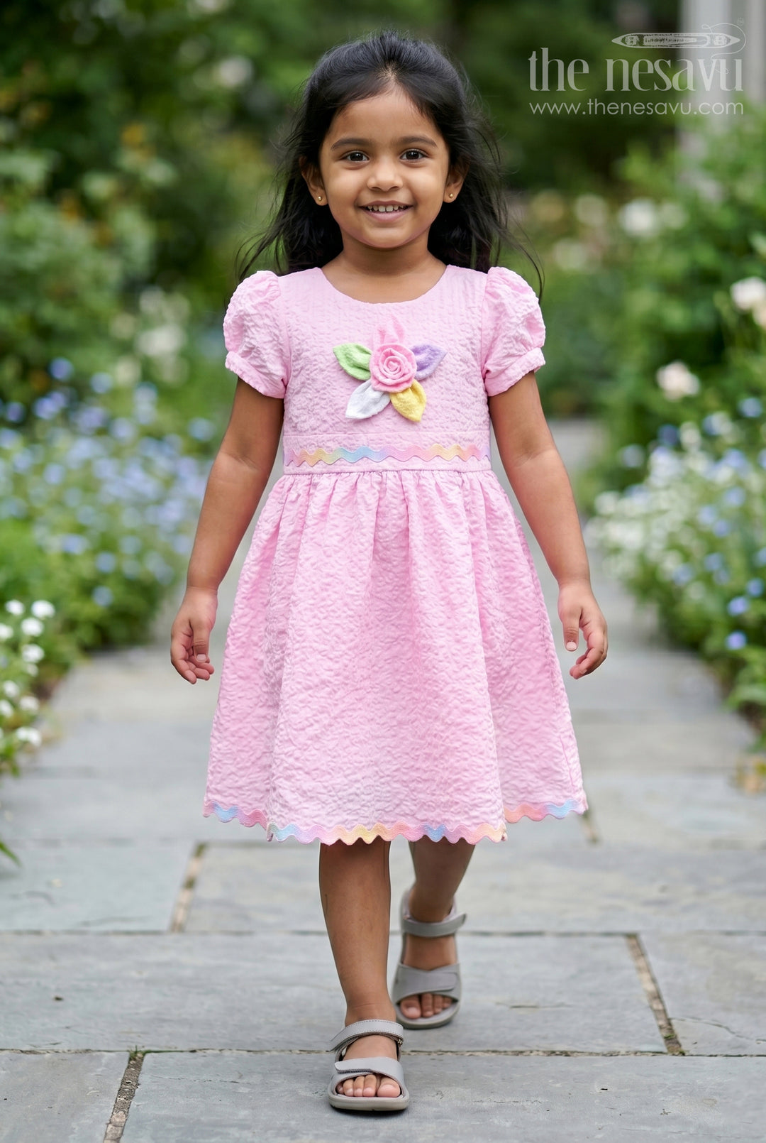 The Nesavu Girls Cotton Frock Girls Party Frock for Birthdays and Playful Celebrations Nesavu 20 (3Y) / Pink / Cotton Blend GFC2125B-20 Nesavu Girls Birthday Party Frock With Thread Embroidery And Comfortable Cotton Blend Fabric