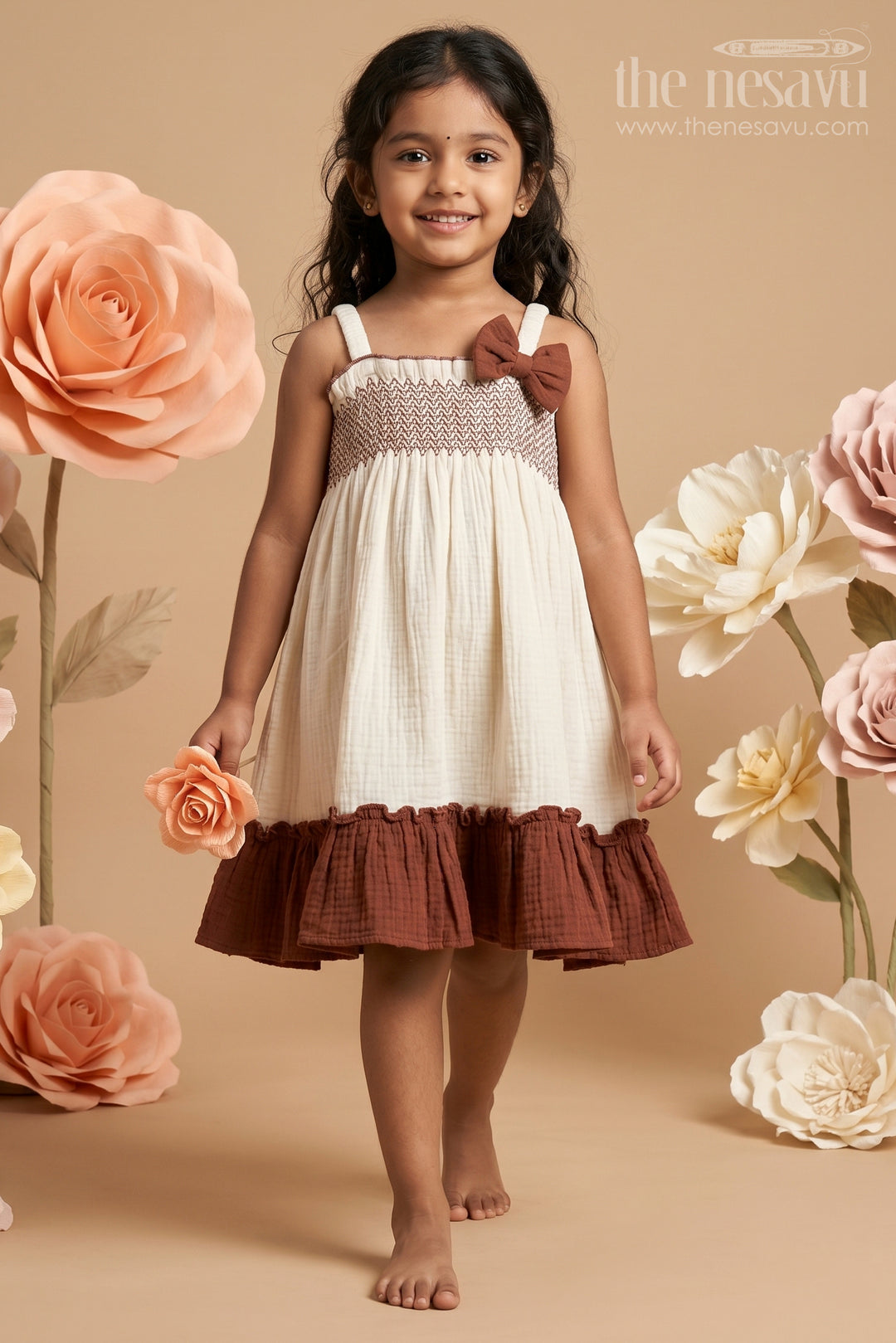 The Nesavu Girls Cotton Frock Girls Party Frock for Special Occasions and Family Celebrations Nesavu 16 (1Y) / Brown / Muslin Cotton GFC2214A-16 Nesavu Girls Party Frock For Special Occasions And Celebrations With Muslin Cotton Flared Design