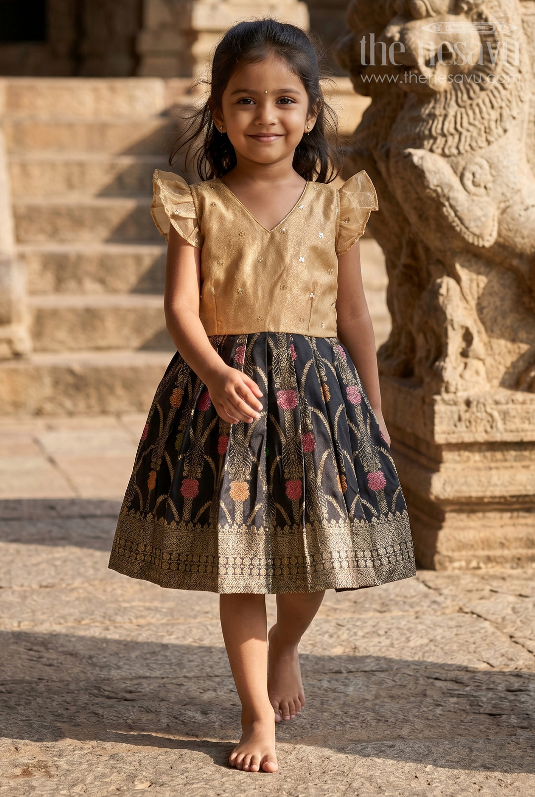 The Nesavu Silk Frock Girls Party Frock for Wedding and Festive Evenings Nesavu 16 (1Y) / Gold / Semi Banarasi SF1166A-16 Nesavu Girls Party Frock With Tissue Silk Yoke And Zari Border For Festive Occasions